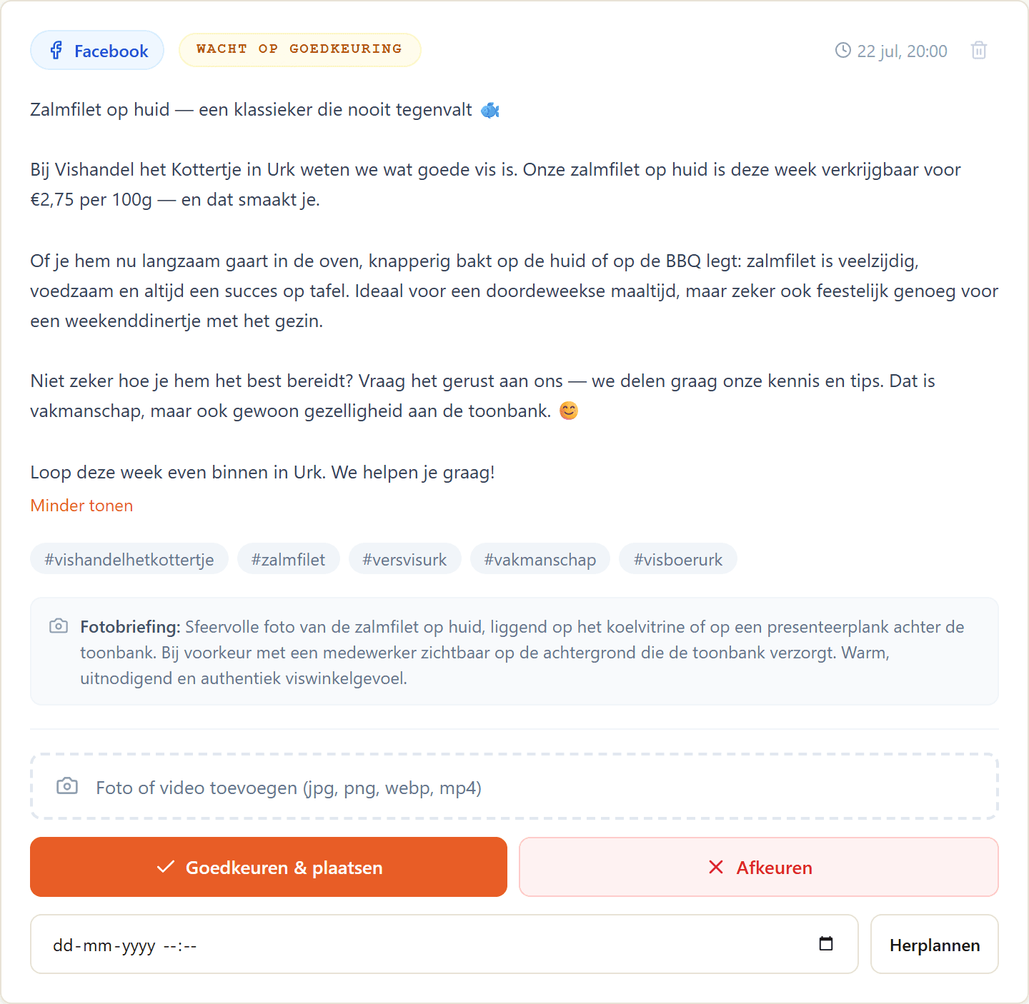 Een AI-gegenereerde post die klaarstaat voor goedkeuring in FreshCast